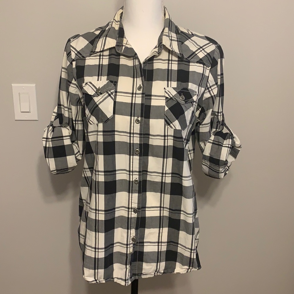 Gap Plaid Black and White Button Down Shirt L